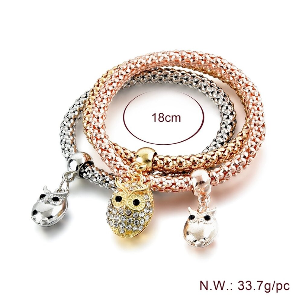 Tri-Tone Owl Charm Bracelet Set – Wise Sparkle Trio - Picture 15 of 15